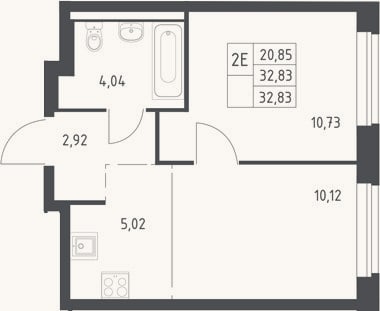 Планировка: 2-к, 32,8 м²
