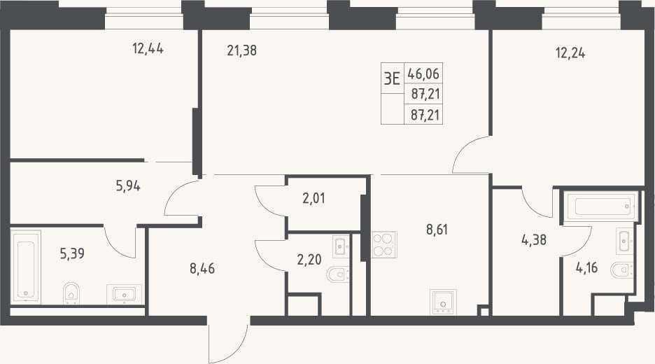 Планировка: 3-к, 87,2 м²