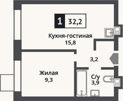 Планировка: 2-к, 32,2 м²