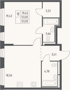 Планировка: 2-к, 53,1 м²