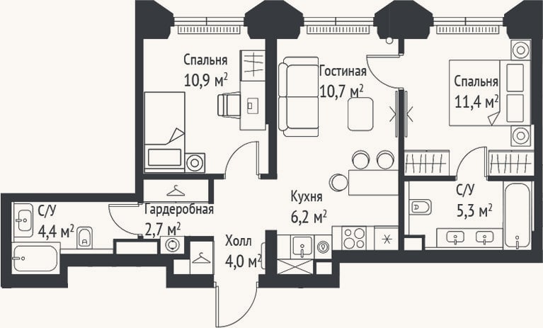 Планировка: 3-к, 55,6 м²