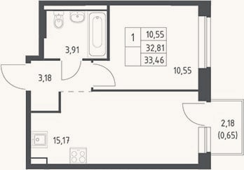 Планировка: 2-к, 32,8 м²