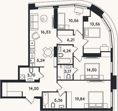 Планировка: 4+ к, 115,9 м²