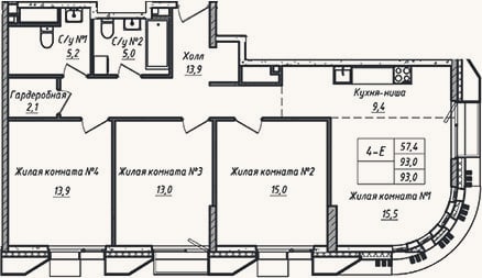Планировка: 4+ к, 93 м²