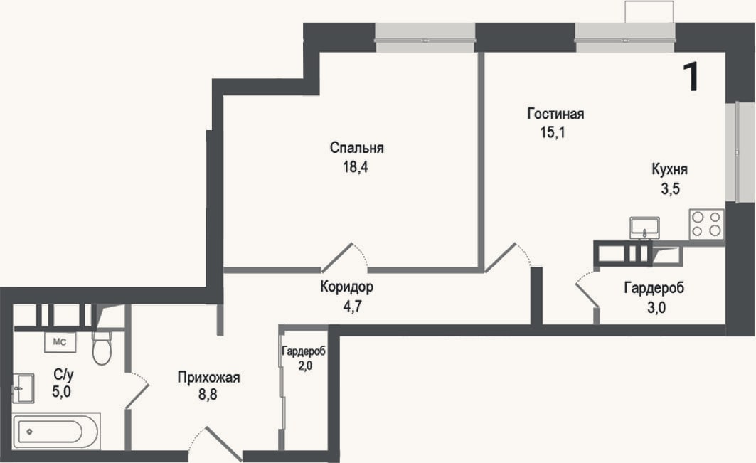 Планировка: 2-к, 60,5 м²
