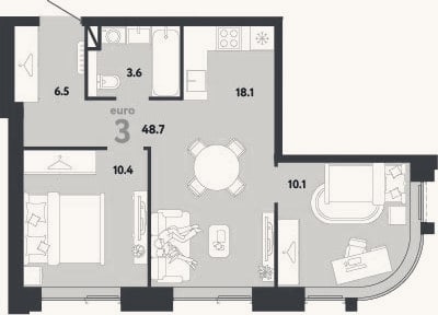 Планировка: 3-к, 48,7 м²