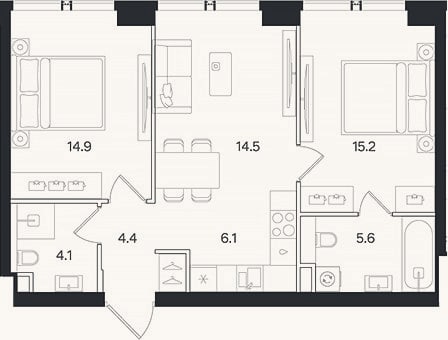 Планировка: 3-к, 64,8 м²