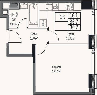 Планировка: 1-к, 36,7 м²