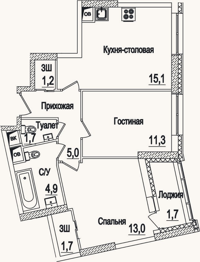 Планировка: 3-к, 54,3 м²