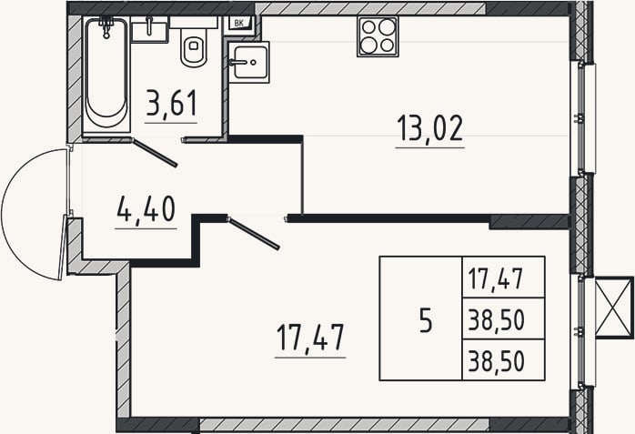 Планировка: 1-к, 38,5 м²