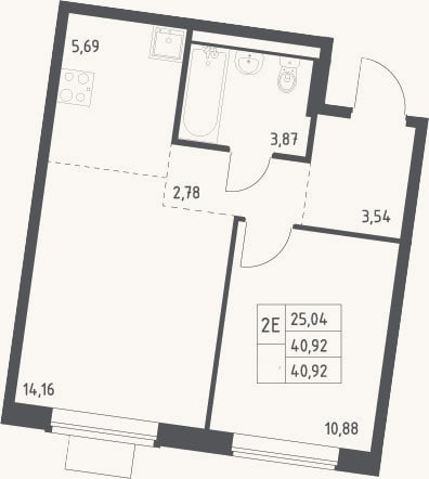 Планировка: 2-к, 40,9 м²