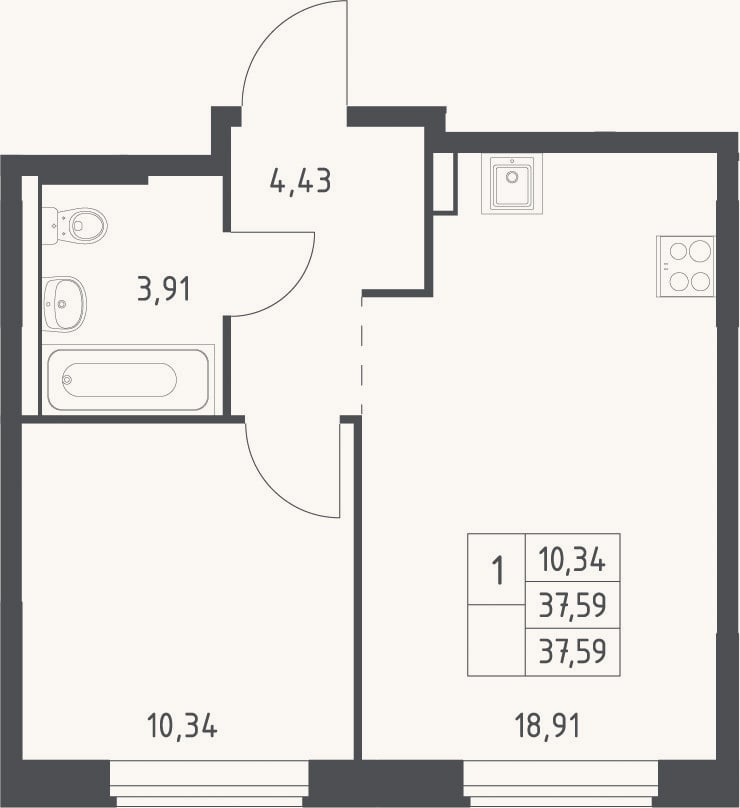 Планировка: 2-к, 37,6 м²