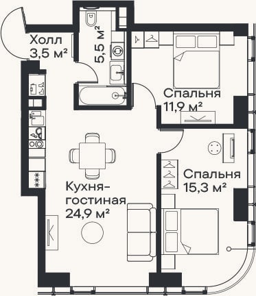 Планировка: 3-к, 61,1 м²
