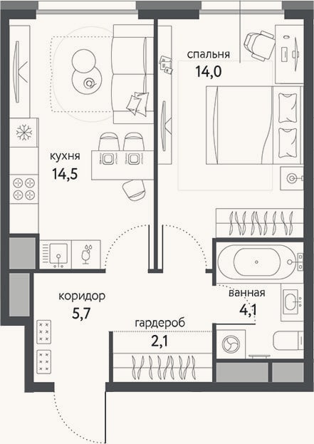 Планировка: 1-к, 40,4 м²