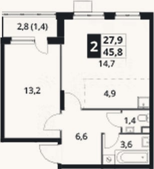 Планировка: 2-к, 44,4 м²