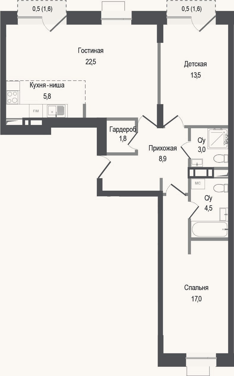 Планировка: 3-к, 77 м²