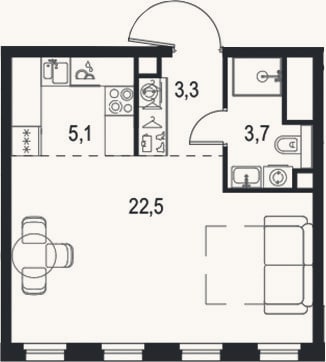 Планировка: 1-к, 34,3 м²