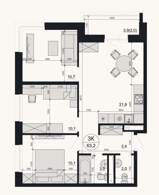 Планировка: 3-к, 61,2 м²