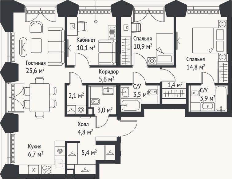 Планировка: 4+ к, 97,6 м²