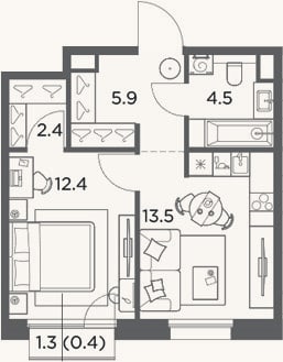 Планировка: 1-к, 38,7 м²