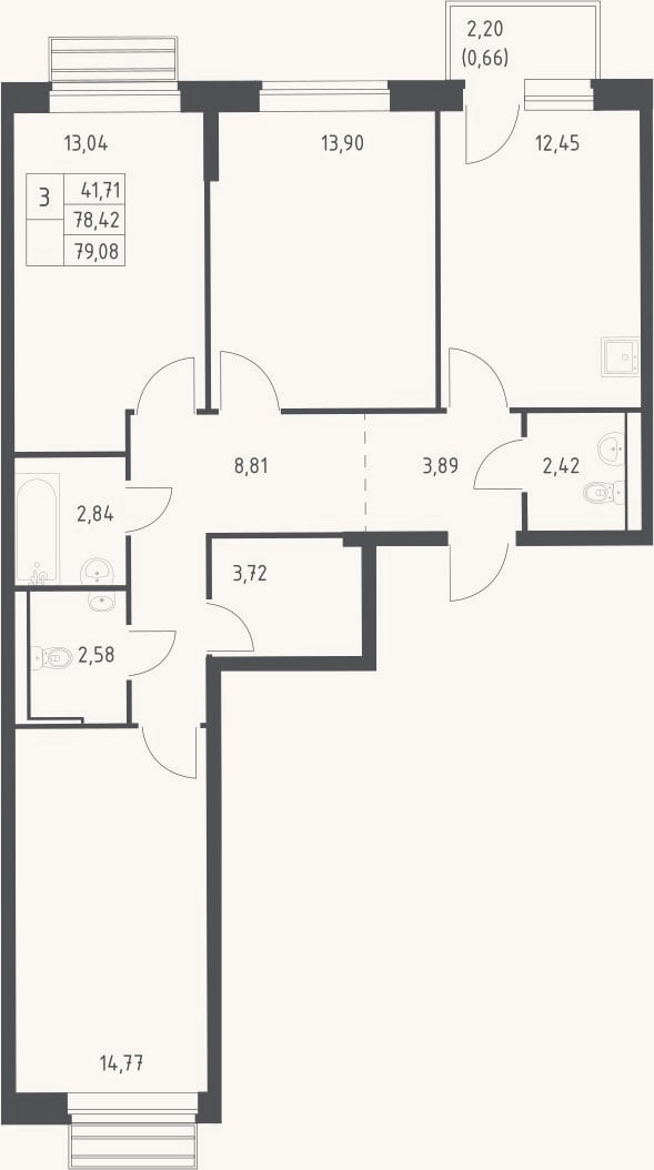Планировка: 3-к, 78,4 м²