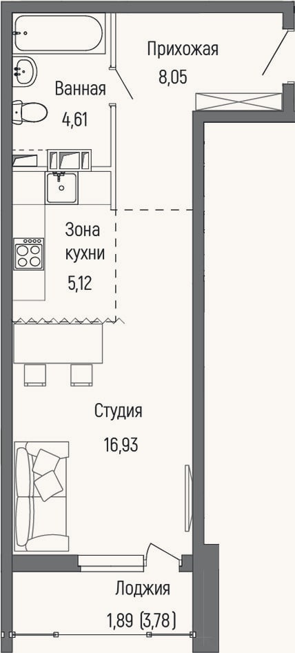 Планировка: Студия, 34,7 м²