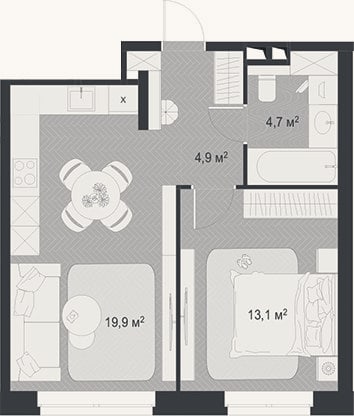 Планировка: 2-к, 42,6 м²