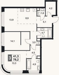 Планировка: 3-к, 78,2 м²