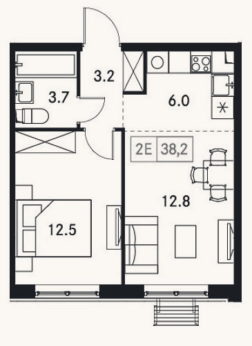 Планировка: 2-к, 38,2 м²