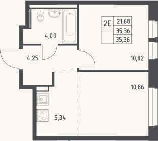 Планировка: 2-к, 35,4 м²
