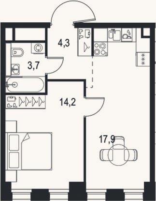 Планировка: 2-к, 40,1 м²