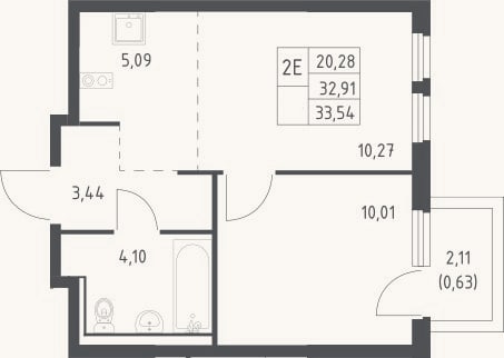 Планировка: 2-к, 32,9 м²