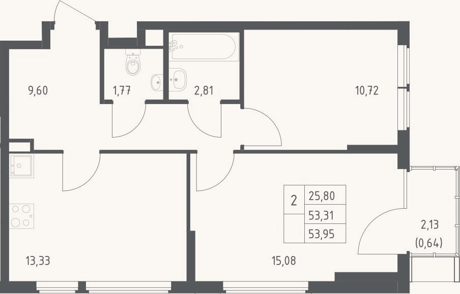 Планировка: 2-к, 53,3 м²