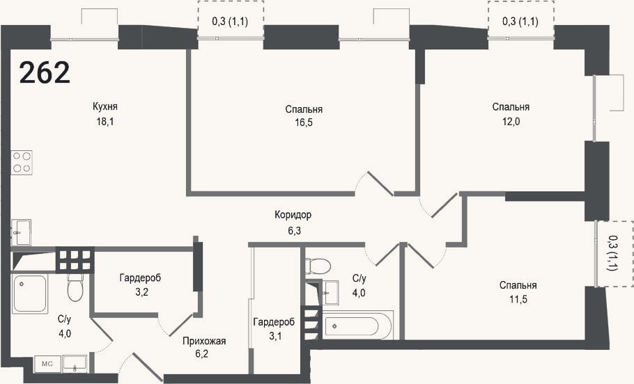 Планировка: 4+ к, 84,9 м²