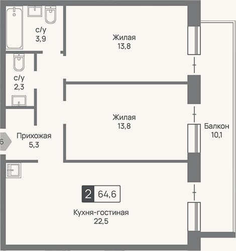 Планировка: 3-к, 61,6 м²