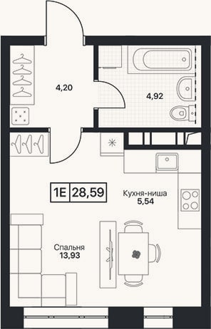 Планировка: Студия, 28,6 м²