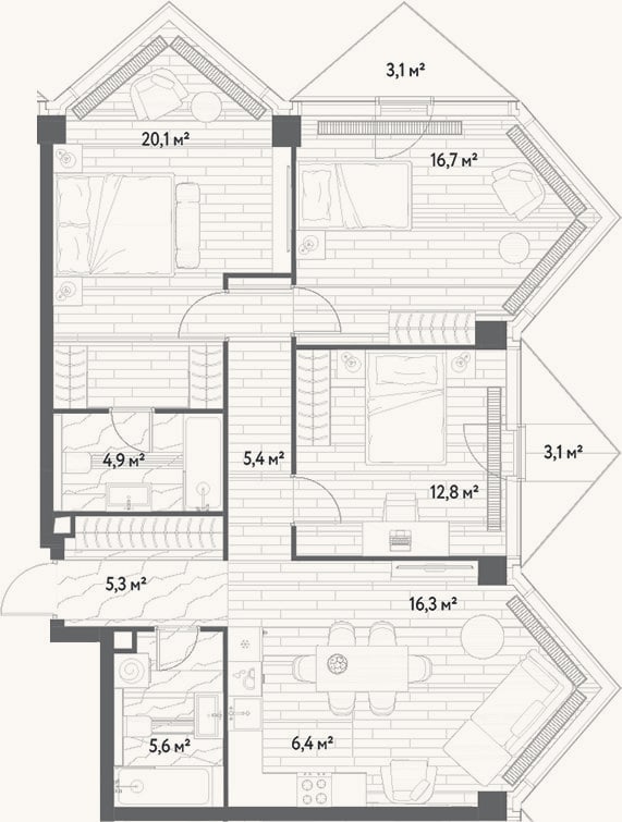 Планировка: 4+ к, 93,5 м²