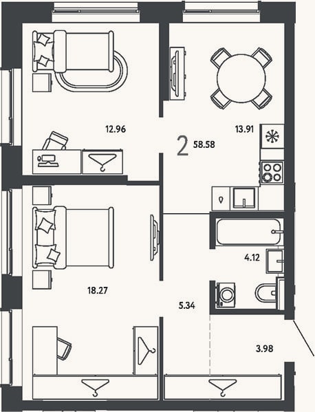 Планировка: 2-к, 58,6 м²