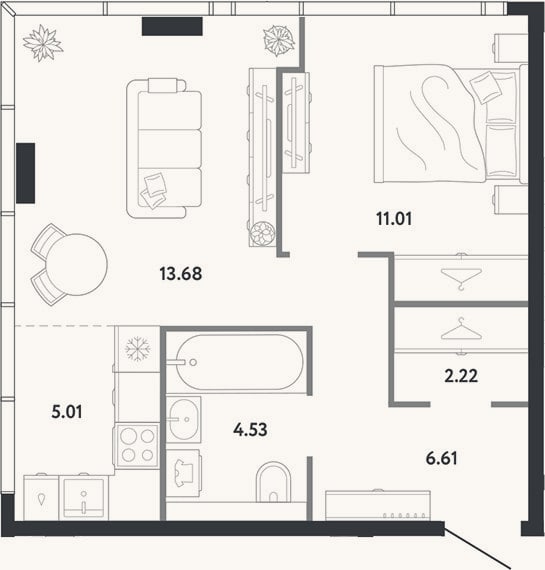 Планировка: 1-к, 43,1 м²