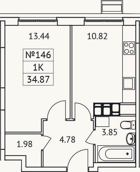 Планировка: 1-к, 34,9 м²