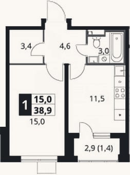 Планировка: 1-к, 37,5 м²