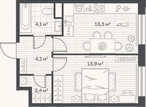 Планировка: 1-к, 37,8 м²