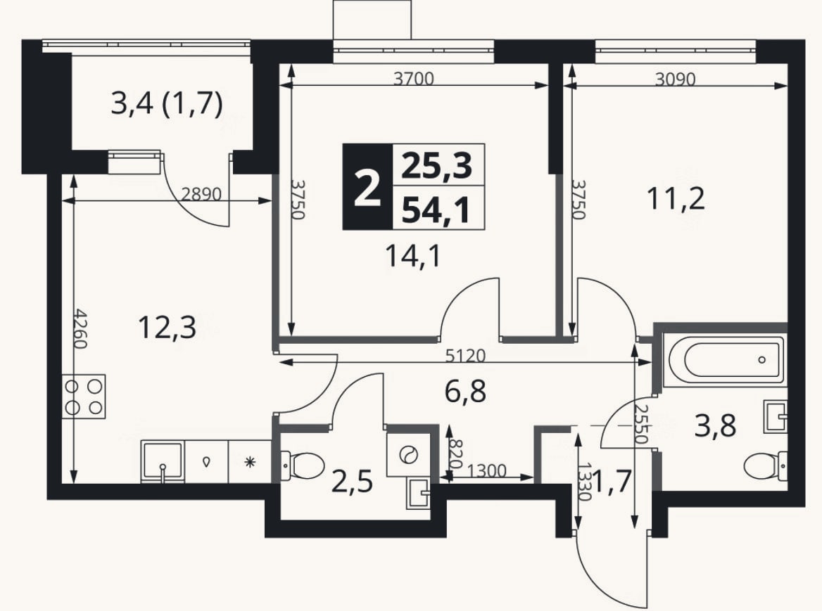 Планировка: 2-к, 52,4 м²