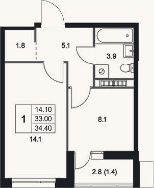 Планировка: 1-к, 33 м²