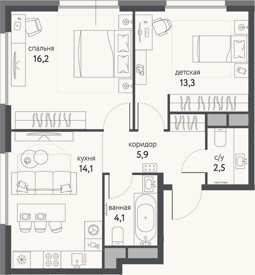 Планировка: 2-к, 56,1 м²