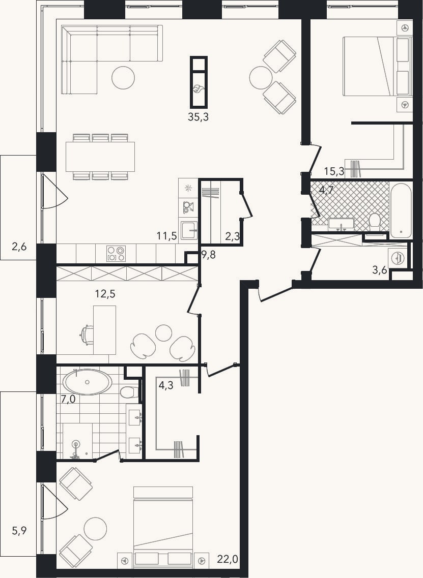 Планировка: 4+ к, 128,4 м²