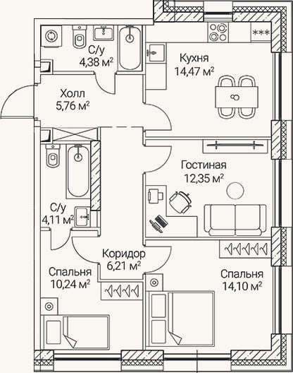 Планировка: 3-к, 71,6 м²