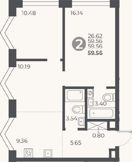 Планировка: 2-к, 59,6 м²