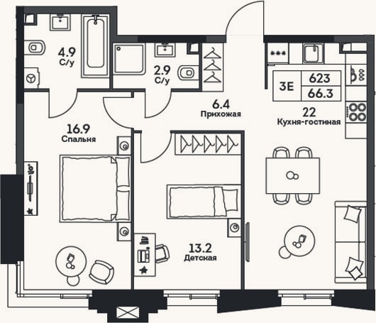 Планировка: 3-к, 66,3 м²