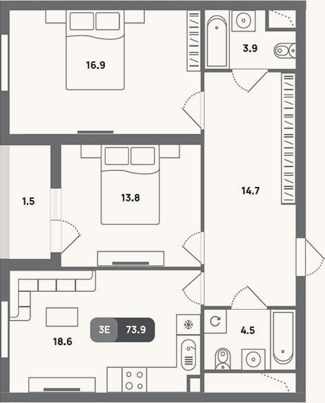 Планировка: 3-к, 72,4 м²